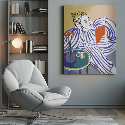 A stylized, framed illustration of a person with dark hair in a messy bun, wearing a blue and white striped top, reclining comfortably while engrossed in an orange book. Beside them is a small table with a blue vase holding three orange flowers and a black and white striped mug. The background is a soft beige color. Print