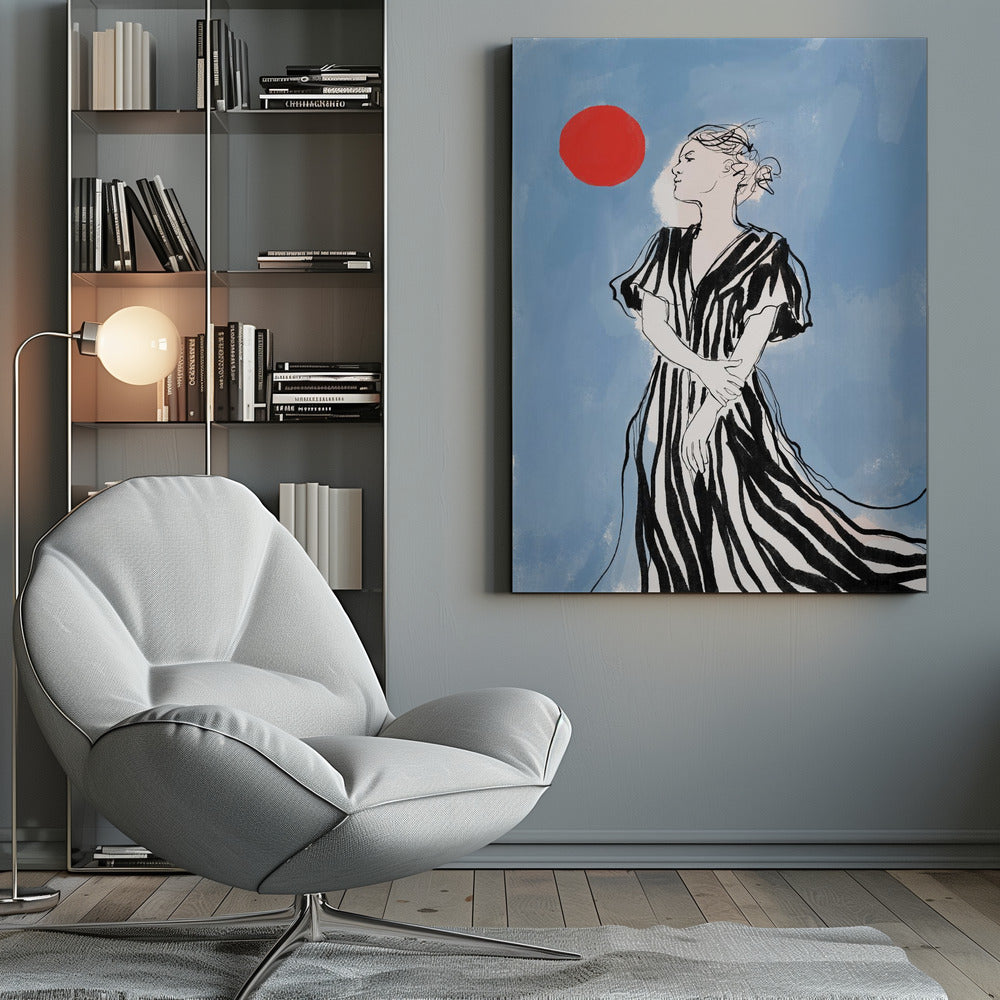 A fashion illustration of a woman in profile against a blue background. She wears a flowing black and white striped dress and her hair is in an updo. A large red circle, like a sun, is in the upper left corner. Wall Art
