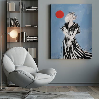 A fashion illustration of a woman in profile against a blue background. She wears a flowing black and white striped dress and her hair is in an updo. A large red circle, like a sun, is in the upper left corner. Wall Art