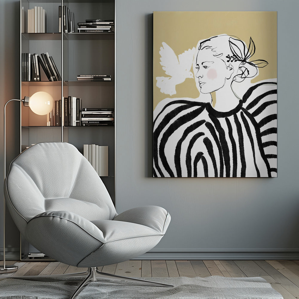 A stylized illustration of a woman in profile against a solid beige background. Her face is a simple black line drawing with a touch of pink blush on her cheek. She wears a bold black and white striped blouse with large, voluminous shoulders. A white, painted silhouette of a dove flies towards her. Wall Art