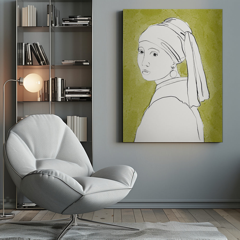 A minimalist line art interpretation of Vermeer's 'Girl with a Pearl Earring'. The portrait is rendered in simple black outlines on a white base, set against a textured olive green background and framed in black. Print