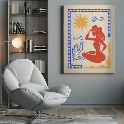 An abstract art print in the style of Matisse featuring a seated red-orange silhouette of a woman gazing outwards. The scene includes a yellow sun, blue stylized waves and a plant on a cream background, all enclosed by a blue and white patterned border. Wall Art