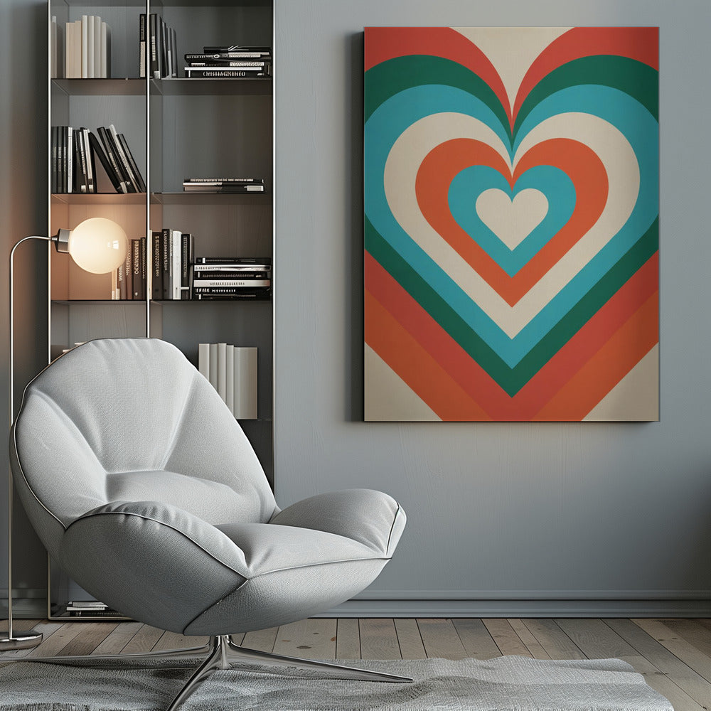 A retro-style graphic art piece featuring a large, centered heart made of concentric layers of orange, green, blue, and cream, creating a hypnotic, repeating pattern. The artwork is presented in a simple black frame. Artwork