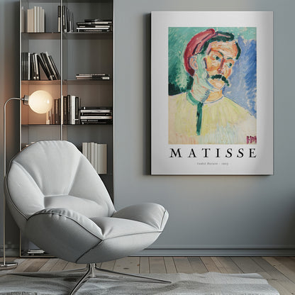 A framed art poster of André Derain's 1905 painting, 'Portrait of Matisse.' The Fauvist-style portrait features a man with a mustache and a red hat, painted with bold, non-naturalistic colors against a green and blue background. Below the artwork, the word 'MATISSE' is printed in large letters, with ' - André Derain - 1905 - ' underneath. Poster