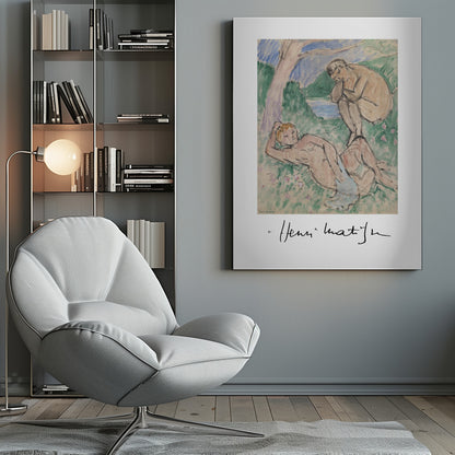 A framed art print of a painting by Henri Matisse featuring two nude figures in a pastoral landscape. One figure reclines in the grassy foreground while another sits by the water in the background. The style is loose and painterly, and the artist's signature is visible below the image on the white mat. Wall Art