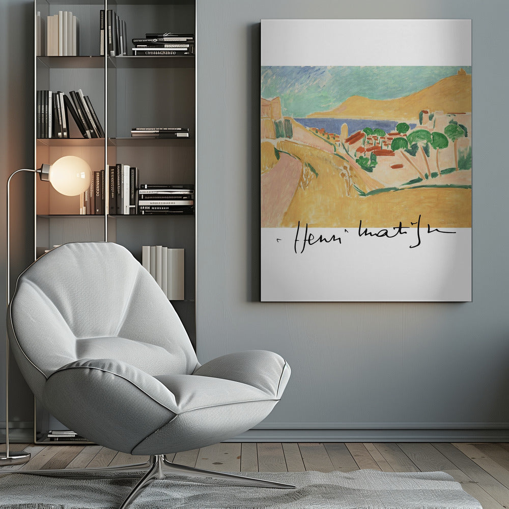 A framed art print of a Henri Matisse painting depicting a colorful coastal landscape in the Fauvist style. The scene features ochre hills, a blue sea, and a village with red-roofed houses and green trees, with the artist's signature at the bottom. Wall Art