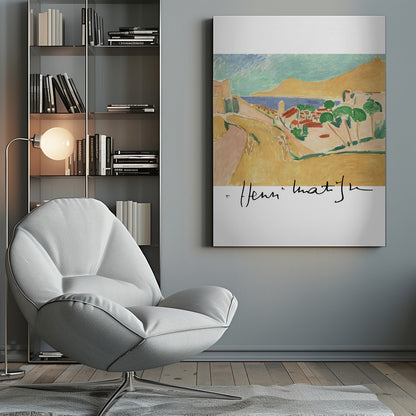A framed art print of a Henri Matisse painting depicting a colorful coastal landscape in the Fauvist style. The scene features ochre hills, a blue sea, and a village with red-roofed houses and green trees, with the artist's signature at the bottom. Wall Art