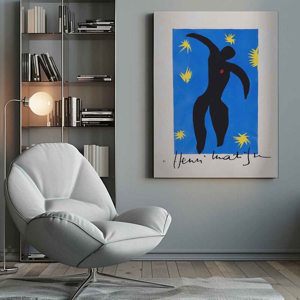 Henri Matisse's 'Icarus,' a framed print featuring a black paper cutout silhouette of a falling figure with a red heart, set against a deep blue background with yellow starbursts. The artist's signature is visible at the bottom. Poster
