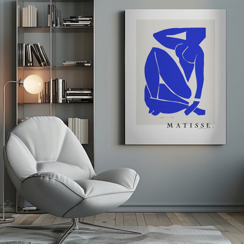 A framed art print of Henri Matisse's 'Blue Nude III', featuring a vibrant blue paper cut-out of a seated nude woman against an off-white background. Poster