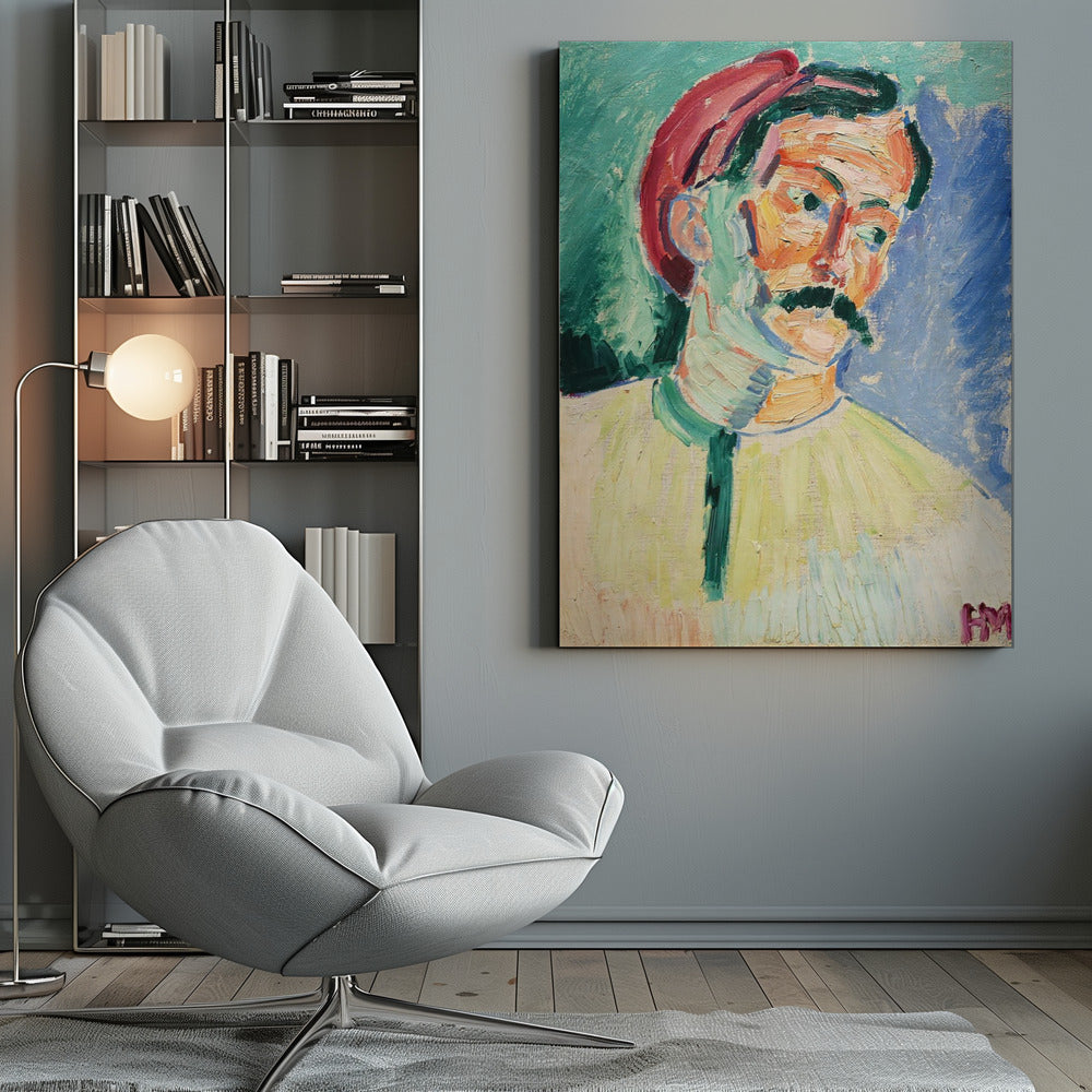 An expressionist portrait painting of a man with a thick black mustache wearing a red cap. His face is painted with a vibrant palette of orange, yellow, and pink, with green and blue used for shadows. The background is a mix of turquoise and deep blue, and the entire piece features heavy, visible brushstrokes. Artwork