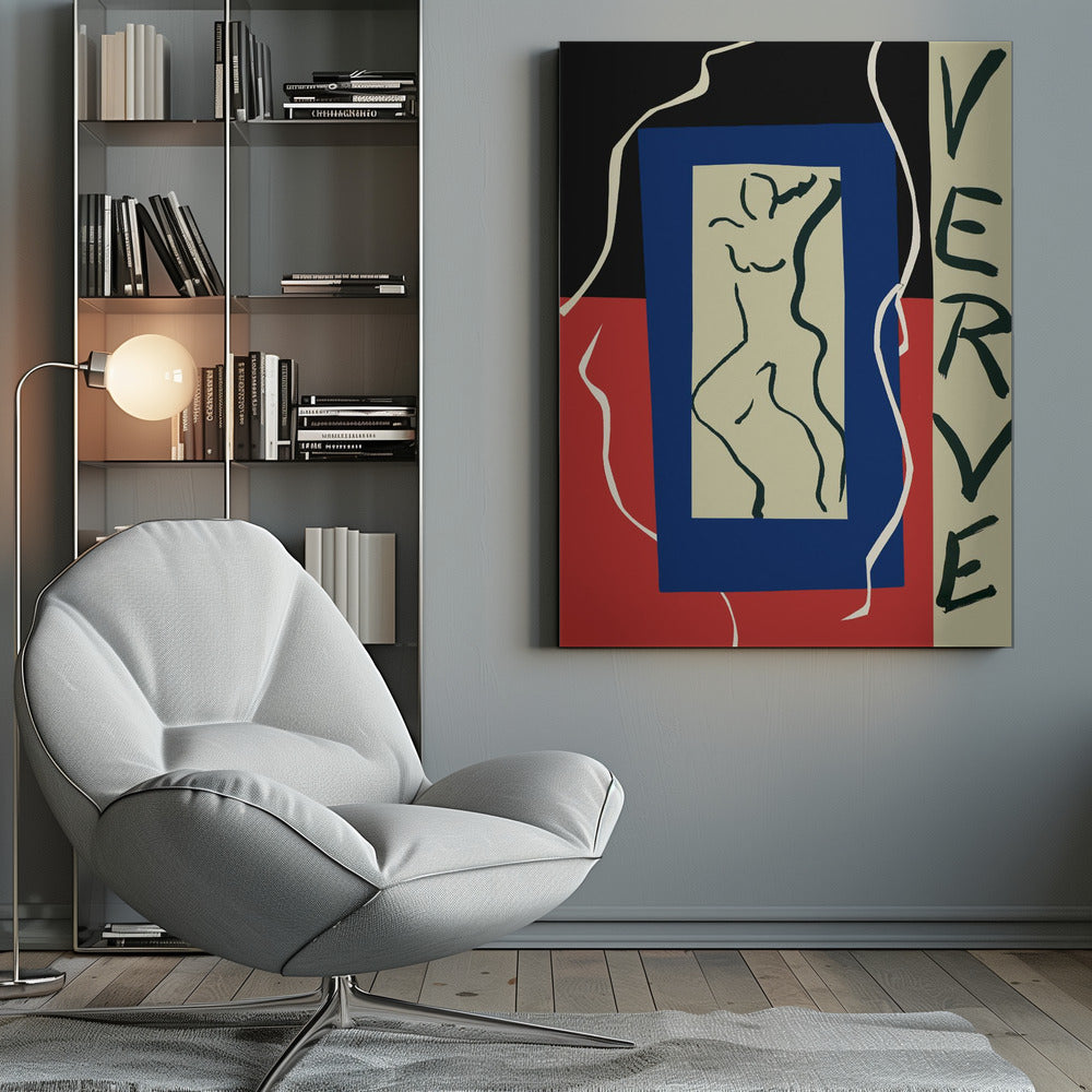An abstract artwork by Henri Matisse featuring a stylized line drawing of a nude figure on a beige rectangle, which is set against a larger blue rectangle. The background is split between black on top and red on the bottom, with a flowing white line. On the right, the word 'VERVE' is written vertically in black letters. Decor