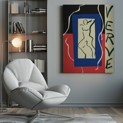 An abstract artwork by Henri Matisse featuring a stylized line drawing of a nude figure on a beige rectangle, which is set against a larger blue rectangle. The background is split between black on top and red on the bottom, with a flowing white line. On the right, the word 'VERVE' is written vertically in black letters. Decor