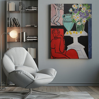 A vibrant Fauvist painting by Henri Matisse. A figure rendered in bold red sits in the foreground. Next to them, a white pedestal table holds a turquoise pitcher, a glass vase filled with white and purple daisies, and several yellow lemons, all set against a stark black background. In the upper left, a smaller picture of a grey nude figure hangs on a pink wall. Poster