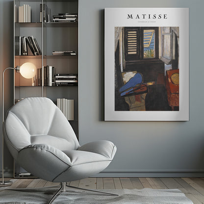 A framed poster of Henri Matisse's painting 'Intérieur au Violon'. The artwork depicts a dimly lit room with a violin resting on its open, vibrant blue case in the foreground. An open window in the background reveals a bright, sunny seascape. Poster