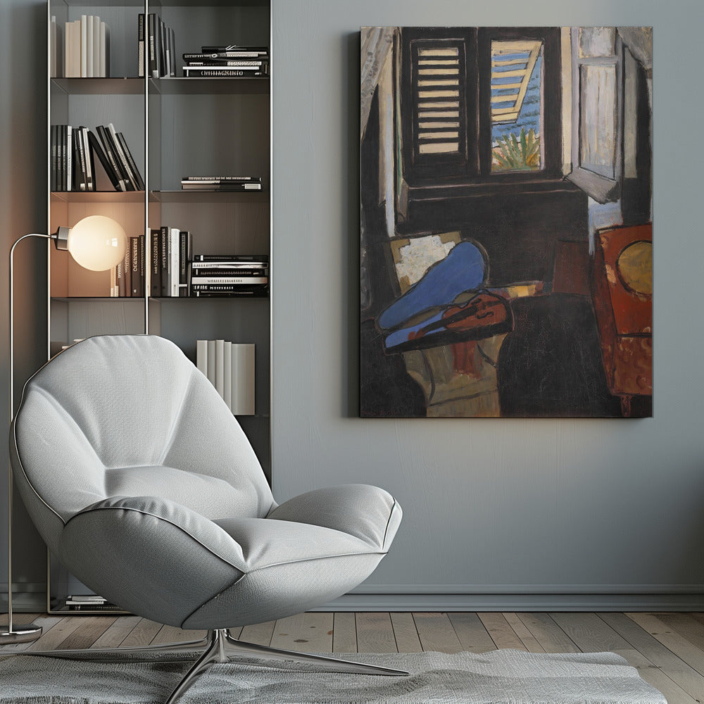 A modernist painting depicting a dark interior scene. In the foreground, a violin rests in its open case, the top of which is a vibrant blue. In the background, a window with dark shutters offers a glimpse of a bright, sunny coastal view with blue sea and green foliage. Wall Art