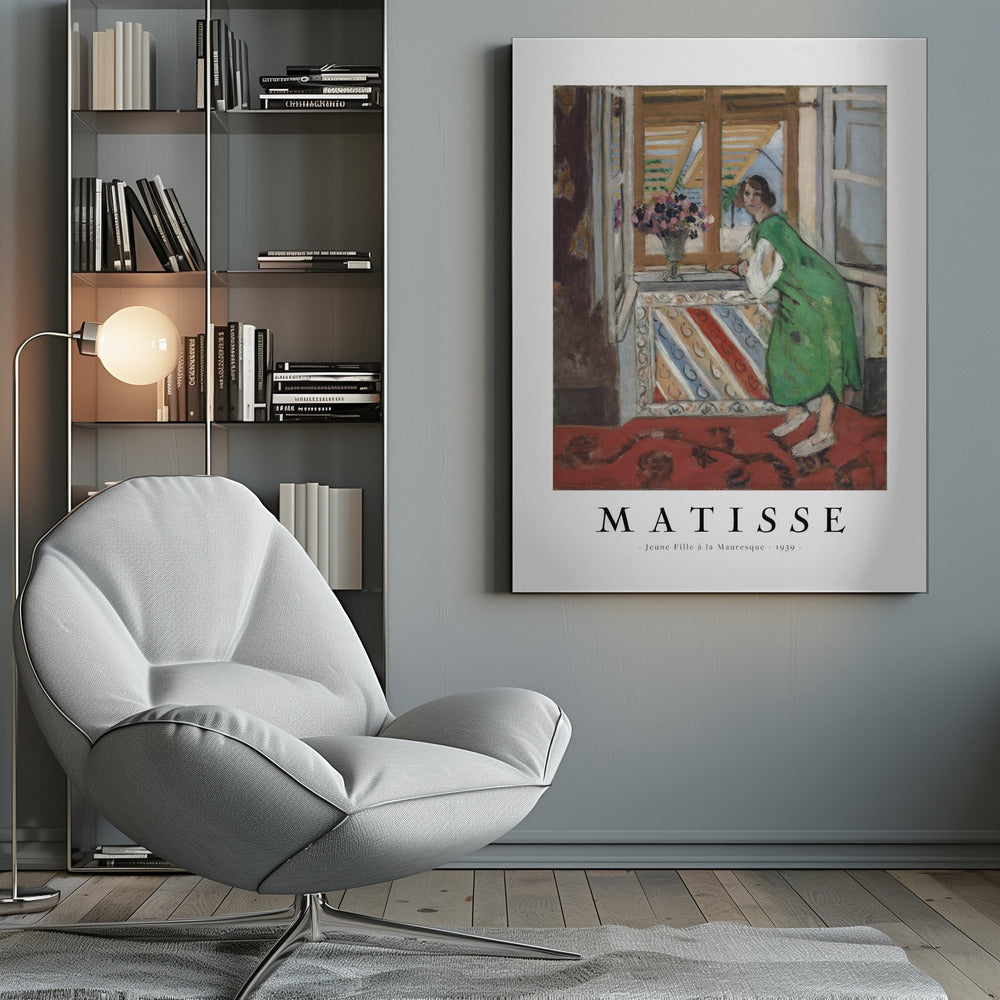 A framed art print of Henri Matisse's painting 'Jeune Fille à la Mauresque - 1939'. The painting shows a woman in a vibrant green dress standing in a room and looking out of an open window with shutters. A red patterned rug covers the floor, and a vase of flowers sits on the windowsill. Poster