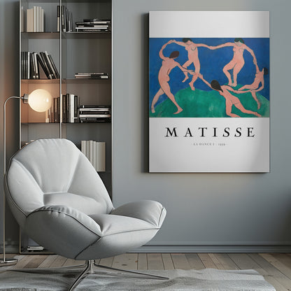 A poster of Henri Matisse's painting 'La Dance I' from 1939, featuring five nude figures holding hands and dancing in a circle on a green hill against a vibrant blue sky. The artist's name and the title are printed below on a white border. Print