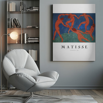 A poster of Henri Matisse's famous painting 'La Danse II', featuring five nude, reddish-orange figures dancing joyfully in a circle against a stark background of deep blue sky and green earth. The poster has a white border with 'MATISSE' and the title and year printed below the artwork, all within a black frame. Wall Art