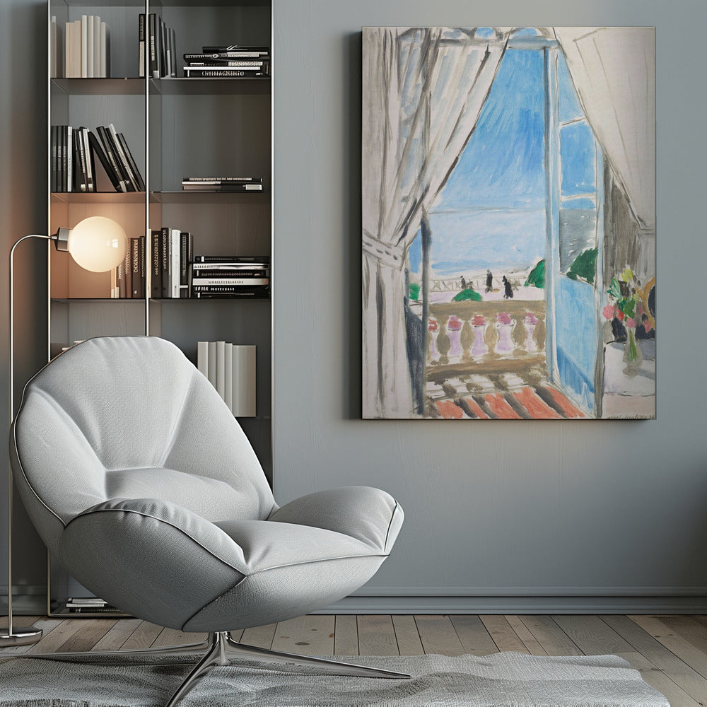 A Fauvist-style painting by Henri Matisse of a view from a window. The scene looks out from behind white curtains, over a balcony with a terracotta floor, to a bright blue sea and sky. Silhouettes of people walk along a promenade in the distance. To the right, a small vase of colorful flowers sits on a table. Decor