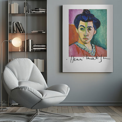 A framed art print of Henri Matisse's famous Fauvist painting, 'The Green Stripe (Portrait of Madame Matisse)'. The portrait features a woman with her hair up, her face divided by a vertical green stripe against a background of bold color blocks in purple, red, and green. The artist's signature is visible below the painting. Poster