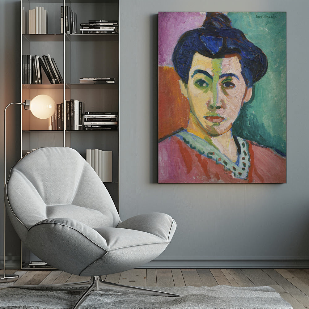 A Fauvist portrait painting by Henri Matisse, 'The Green Stripe,' featuring a woman with dark hair in an updo. Her face is strikingly rendered with unrealistic colors, bisected by a prominent green stripe. The background is composed of bold, flat planes of pink, orange, and teal. Print