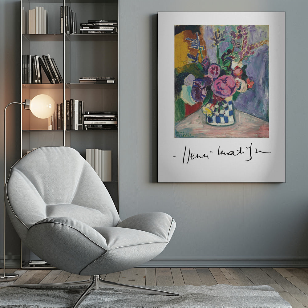 A framed art print of a vibrant Henri Matisse painting. The still life features a bouquet of colorful pink, purple, and white flowers in a blue and white checkered vase, set against a multi-toned background. The artist's signature is displayed below the painting on the white mat. Print