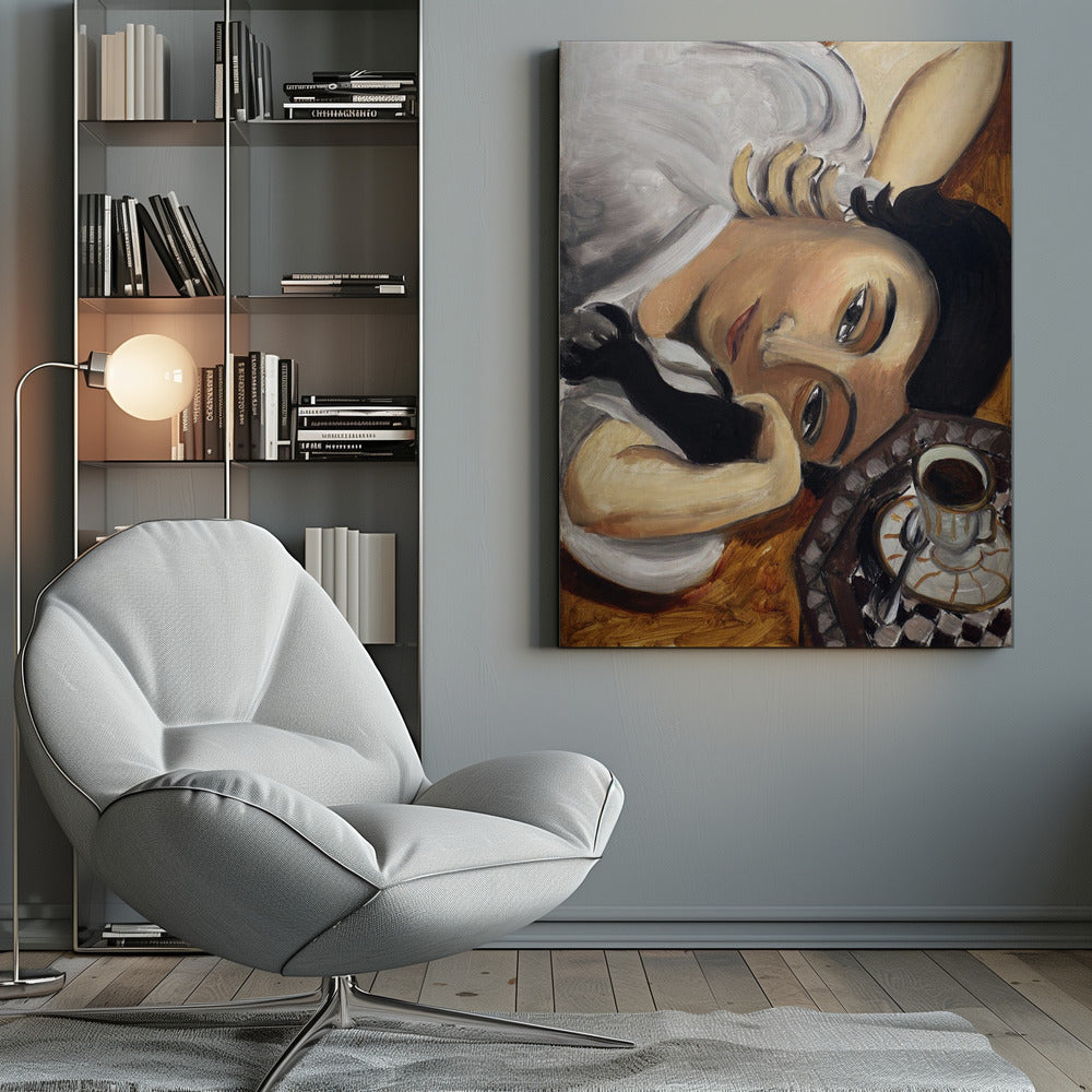 A Fauvist-style painting depicting a woman with dark hair and one black glove, reclining with her head tilted towards the viewer. Next to her is a checkered tray holding a cup of coffee. Poster