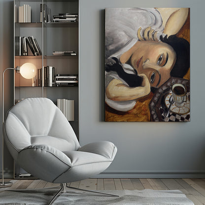 A Fauvist-style painting depicting a woman with dark hair and one black glove, reclining with her head tilted towards the viewer. Next to her is a checkered tray holding a cup of coffee. Poster