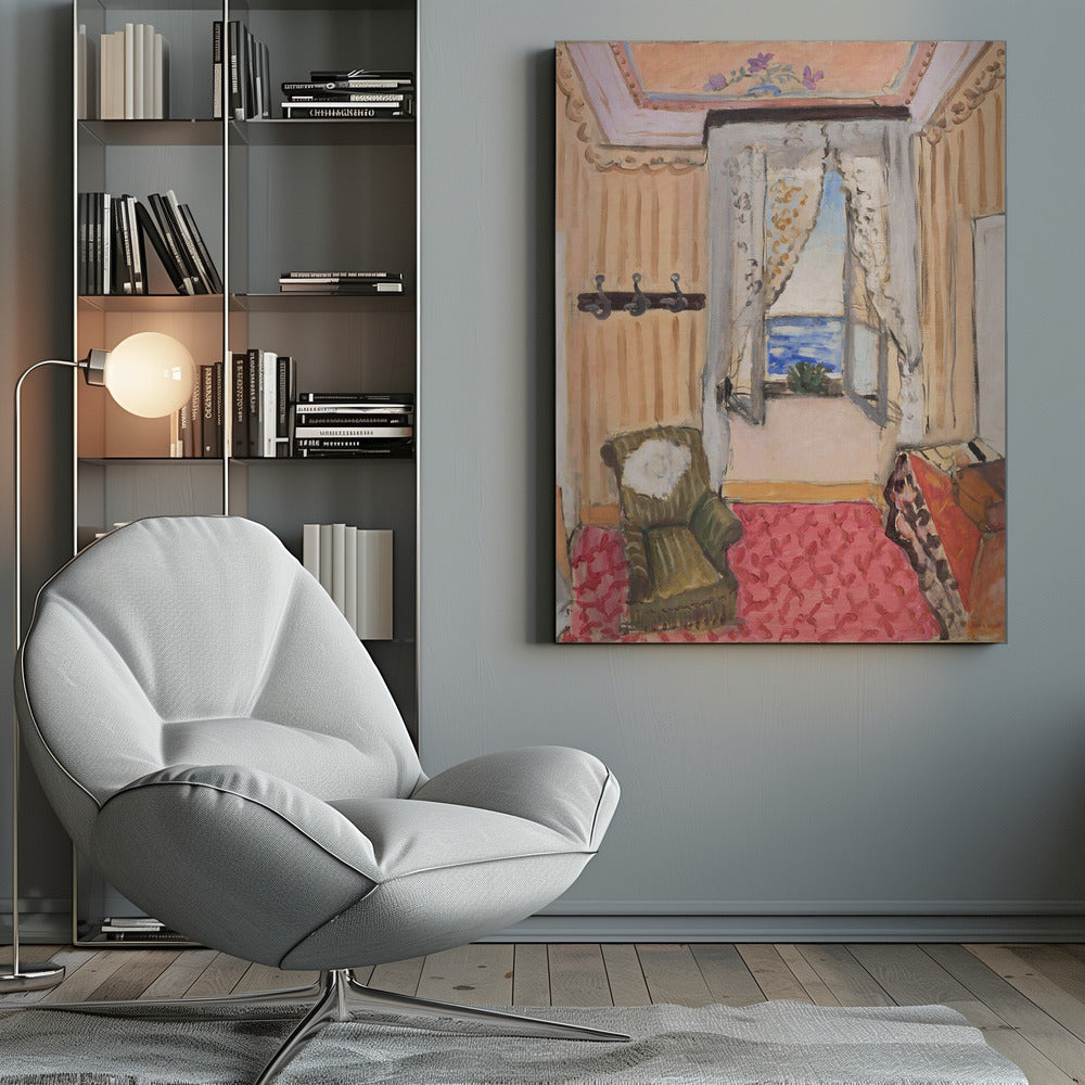 An impressionistic painting of a cozy room with an open window overlooking a bright blue sea. The room is decorated with peach-colored walls, a pink patterned rug, and a green armchair, creating a warm, inviting atmosphere. Print