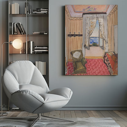 An impressionistic painting of a cozy room with an open window overlooking a bright blue sea. The room is decorated with peach-colored walls, a pink patterned rug, and a green armchair, creating a warm, inviting atmosphere. Print
