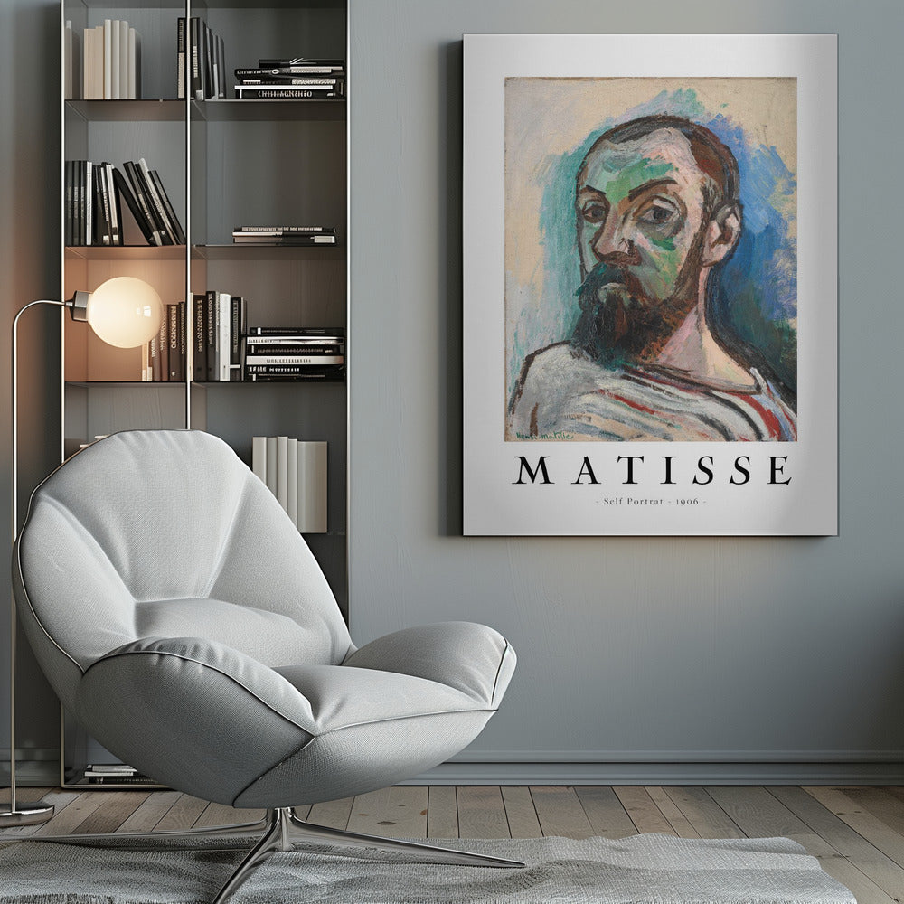 A framed art print of Henri Matisse's 'Self Portrait' from 1906. The Fauvist painting features a man with a dark beard, rendered in bold strokes of green, beige, and brown, against a vibrant blue and light green background. Below the artwork, text reads 'MATISSE - Self Portrait - 1906'. Wall Art
