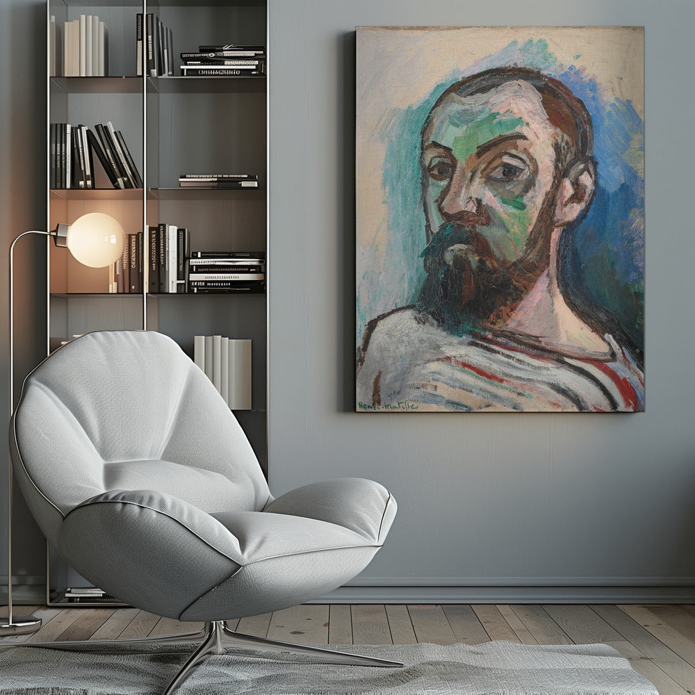 A Fauvist style self-portrait by Henri Matisse, characterized by bold, expressive brushstrokes and non-naturalistic colors. The subject's face is painted with patches of green and pink, and he has a dark beard and mustache. He wears a striped shirt and looks intently forward, against a background of vibrant blue and off-white. Print