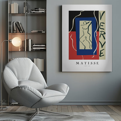A framed art print of Henri Matisse's 'Verve' from 1937. The abstract composition features bold color blocks of black, red, and blue. In the center is a line drawing of a dancing figure, and the word 'VERVE' is written vertically on the right side. Poster