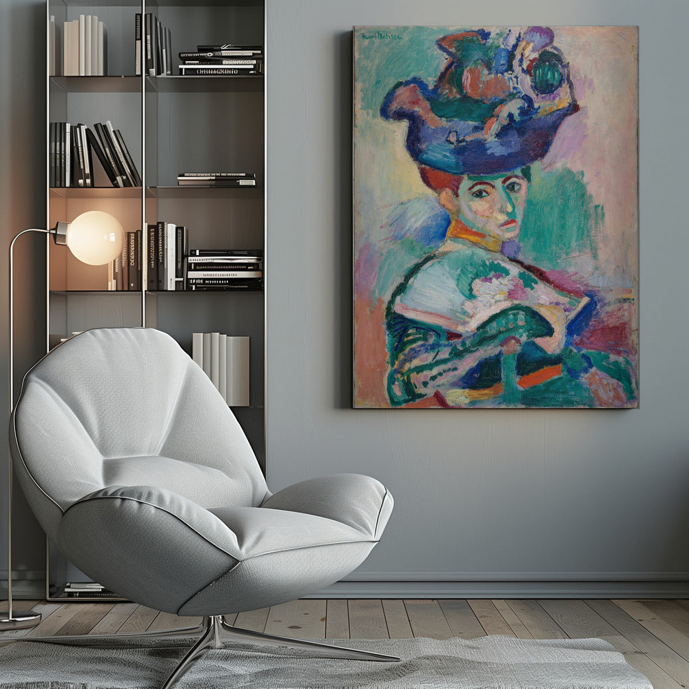 A vibrant Fauvist portrait painting by Henri Matisse of a woman with red hair wearing an elaborate, colorful blue, purple, and green hat. The painting features bold, expressive brushstrokes and non-naturalistic colors, with a background of green, pink, and yellow hues. Wall Art