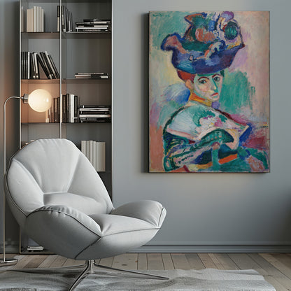 A vibrant Fauvist portrait painting by Henri Matisse of a woman with red hair wearing an elaborate, colorful blue, purple, and green hat. The painting features bold, expressive brushstrokes and non-naturalistic colors, with a background of green, pink, and yellow hues. Wall Art