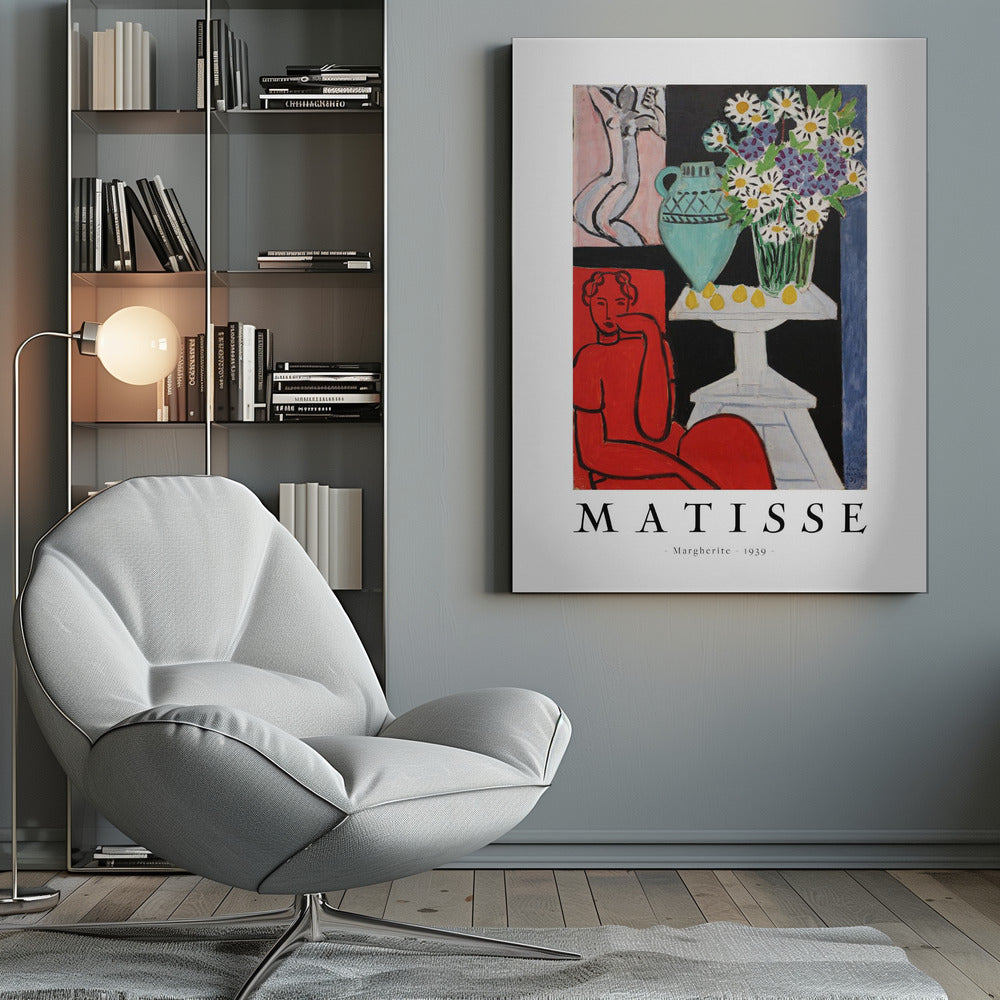 A framed art poster of Henri Matisse's painting 'Margherite' from 1939. The vibrant Fauvist artwork depicts a woman in a bold red dress, a still life with a turquoise vase of daisies on a white table, and a small sketch of a nude in the background. The artist's name is printed below the image. Poster