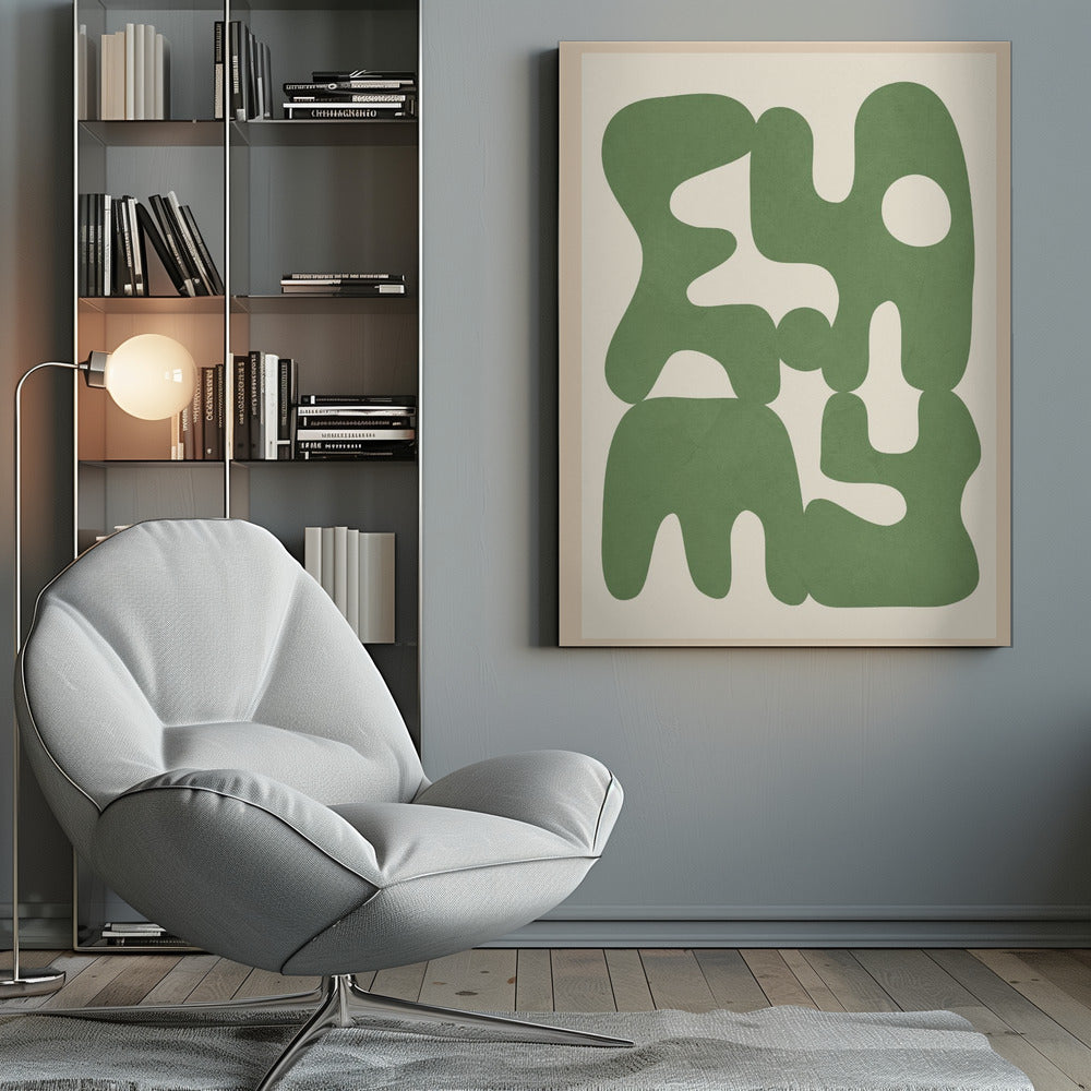 A framed abstract art print featuring large, organic, sage green shapes with soft, rounded edges against a solid cream background. The shapes interlock and create intriguing negative spaces, giving the composition a modern and balanced feel. Poster
