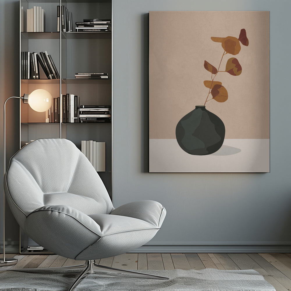 A minimalist illustration of a single eucalyptus stem with rust and orange colored leaves in a dark, matte, rounded vase. The vase sits on a light-colored surface against a solid beige background, creating a simple and modern composition with earthy tones. Wall Art