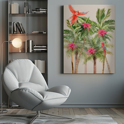 A watercolor painting of a tropical scene featuring several palm trees with bright pink bromeliad flowers. A vibrant red macaw is in flight at the top left, and another red and blue macaw is perched on a palm frond on the right, all set against a light beige background. Wall Art
