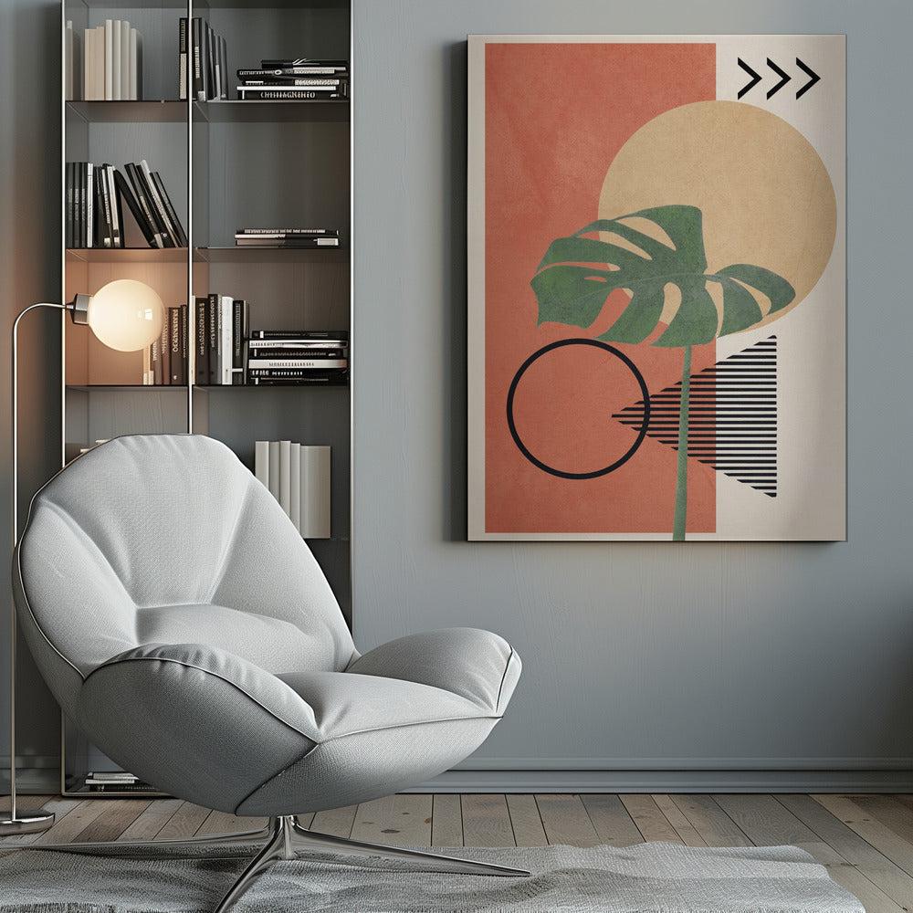 A modern abstract art print featuring a large green monstera leaf overlaid on a collection of geometric shapes. The background includes a terracotta rectangle, a large beige circle, and a cream-colored area with a striped triangle and three chevrons. A black outline of a circle sits in the lower left. Print