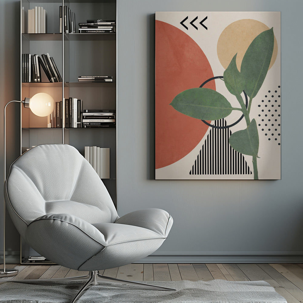 A modern abstract art print featuring a green leafy plant overlaid on a collage of geometric shapes, including a large terracotta circle, a beige circle, a black and white striped triangle, and a pattern of black dots, all on a cream background. Print
