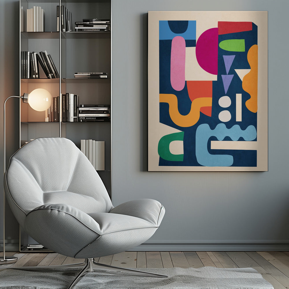 A modern abstract art print in a black frame, featuring a vibrant collage of colorful, cut-out style shapes against a dark navy blue background. The composition includes a mix of geometric and organic forms in shades of magenta, pink, orange, green, red, purple, and light blue, all contained within a cream-colored border. Print