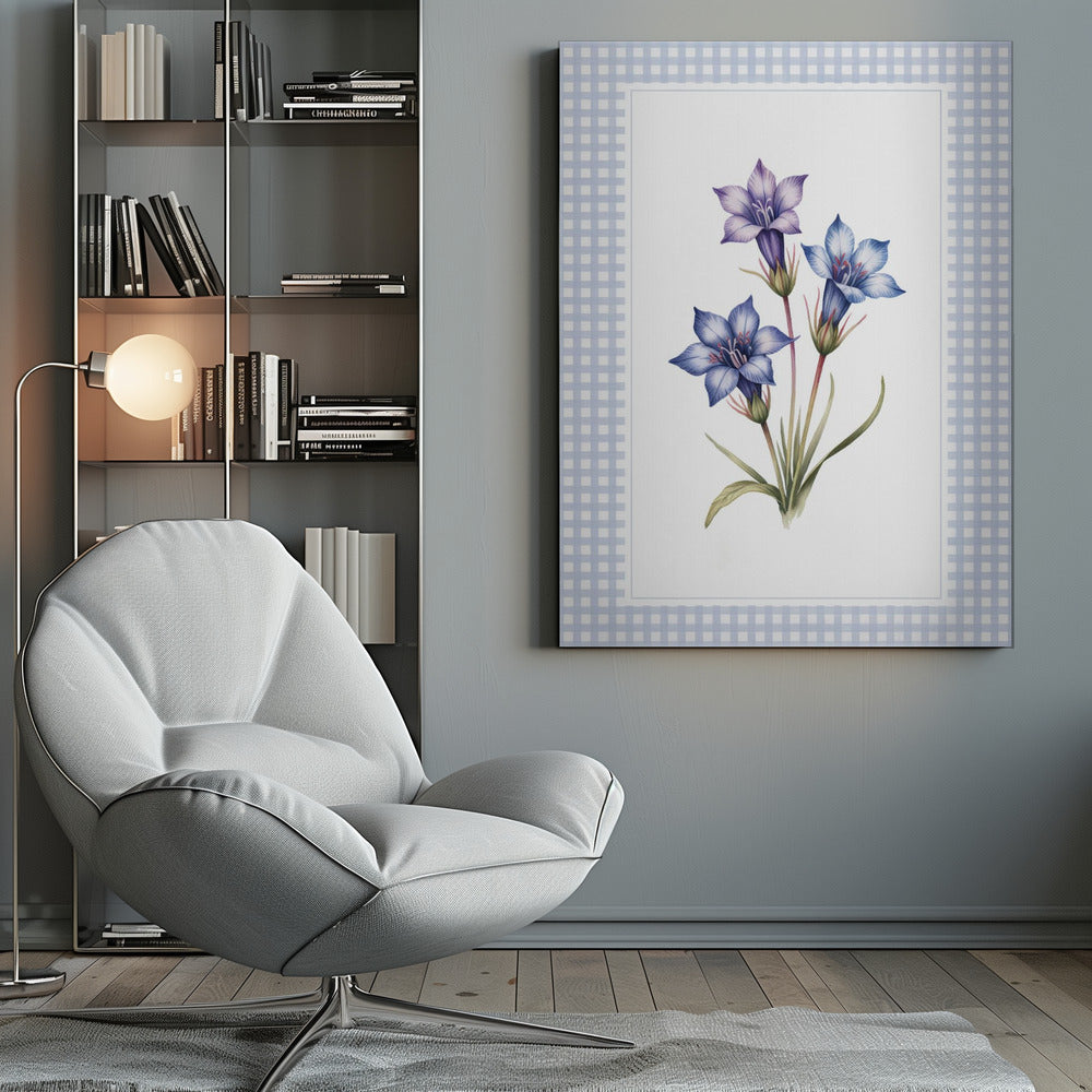 A botanical illustration of three purple and blue gentian flowers on green stems with leaves, centered on a white background. The artwork is surrounded by a light blue and white gingham mat and a thin black frame. Print