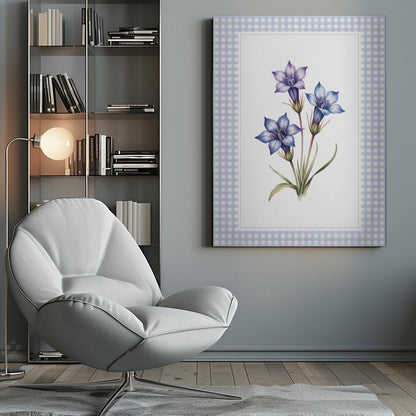 A botanical illustration of three purple and blue gentian flowers on green stems with leaves, centered on a white background. The artwork is surrounded by a light blue and white gingham mat and a thin black frame. Print