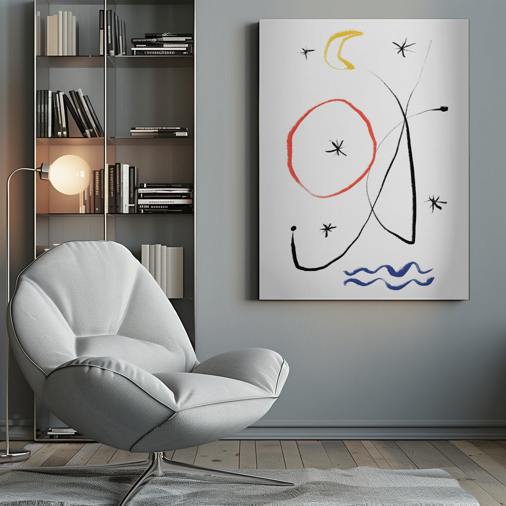 A minimalist abstract painting with a white background, featuring whimsical shapes in primary colors. There is a hand-drawn red circle, a yellow crescent moon, several black asterisk-like stars, and fluid black lines. At the bottom, two wavy blue lines suggest water. Artwork
