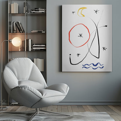 A minimalist abstract painting with a white background, featuring whimsical shapes in primary colors. There is a hand-drawn red circle, a yellow crescent moon, several black asterisk-like stars, and fluid black lines. At the bottom, two wavy blue lines suggest water. Artwork