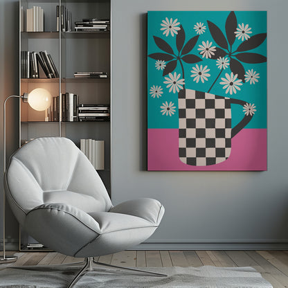 A graphic illustration of stylized white daisies and dark leaves in a black and white checkered vase, set against a color-blocked background of vibrant teal and pink. Wall Art