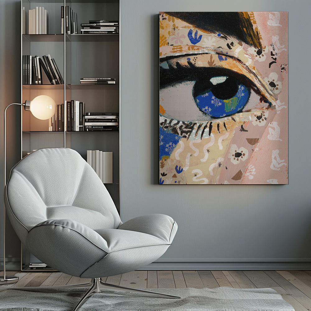 A vibrant mixed-media collage painting focusing on a large human eye. The iris is a deep blue filled with tiny white flower patterns, while the surrounding skin is a patchwork of pink and beige papers with various abstract and floral motifs. The eye is framed by thick black eyeliner. Wall Art