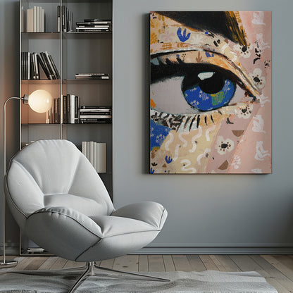 A vibrant mixed-media collage painting focusing on a large human eye. The iris is a deep blue filled with tiny white flower patterns, while the surrounding skin is a patchwork of pink and beige papers with various abstract and floral motifs. The eye is framed by thick black eyeliner. Wall Art