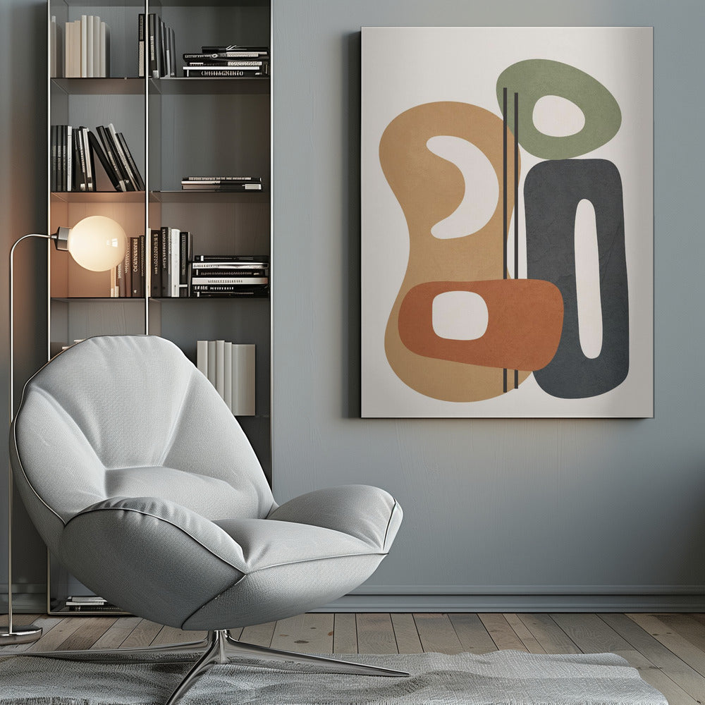 A modern abstract painting featuring a collection of overlapping organic shapes in muted tones of brown, terracotta, sage green, and dark gray. The shapes, which have rounded corners and internal cutouts, are arranged vertically on a cream-colored background, with two thin black lines dissecting the center. Wall Art